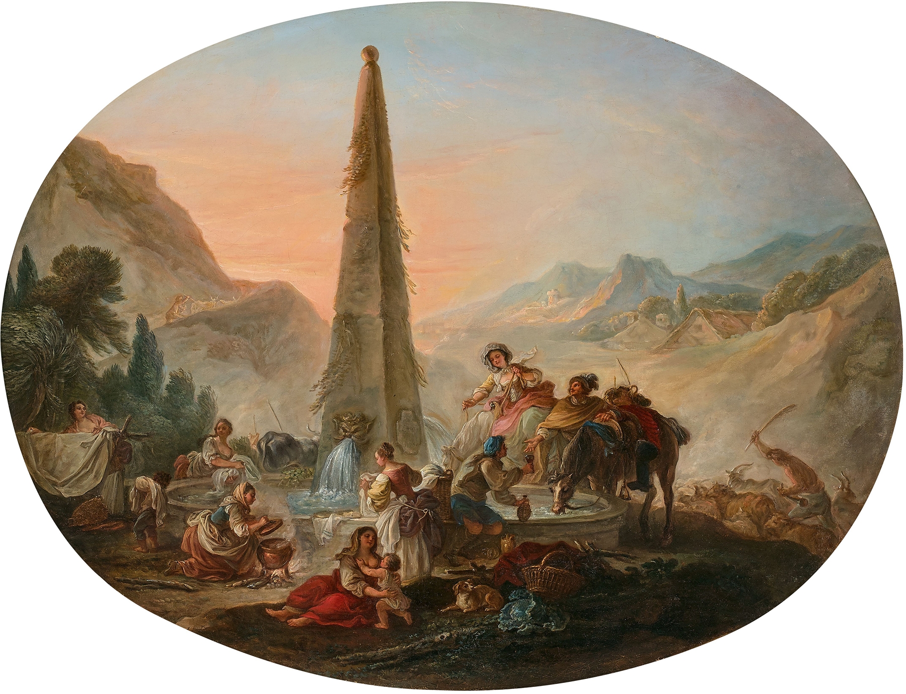 Genre scene depicting figures near a fountain, oil painting by François Guérin