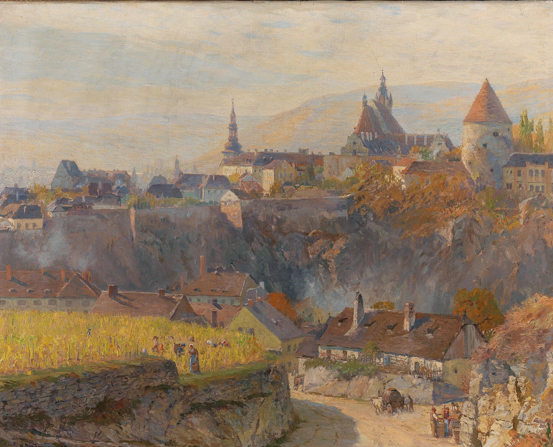 Wachau, View of Krems by Gustav Bamberger, oil painting depicting hills and a town under a soft sky.