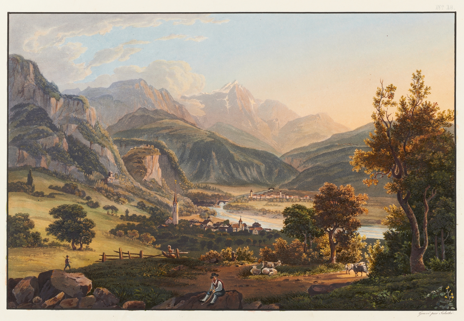 Landscape oil painting by Johann Ludwig Bleuler featuring rolling hills and a distant mountain range.