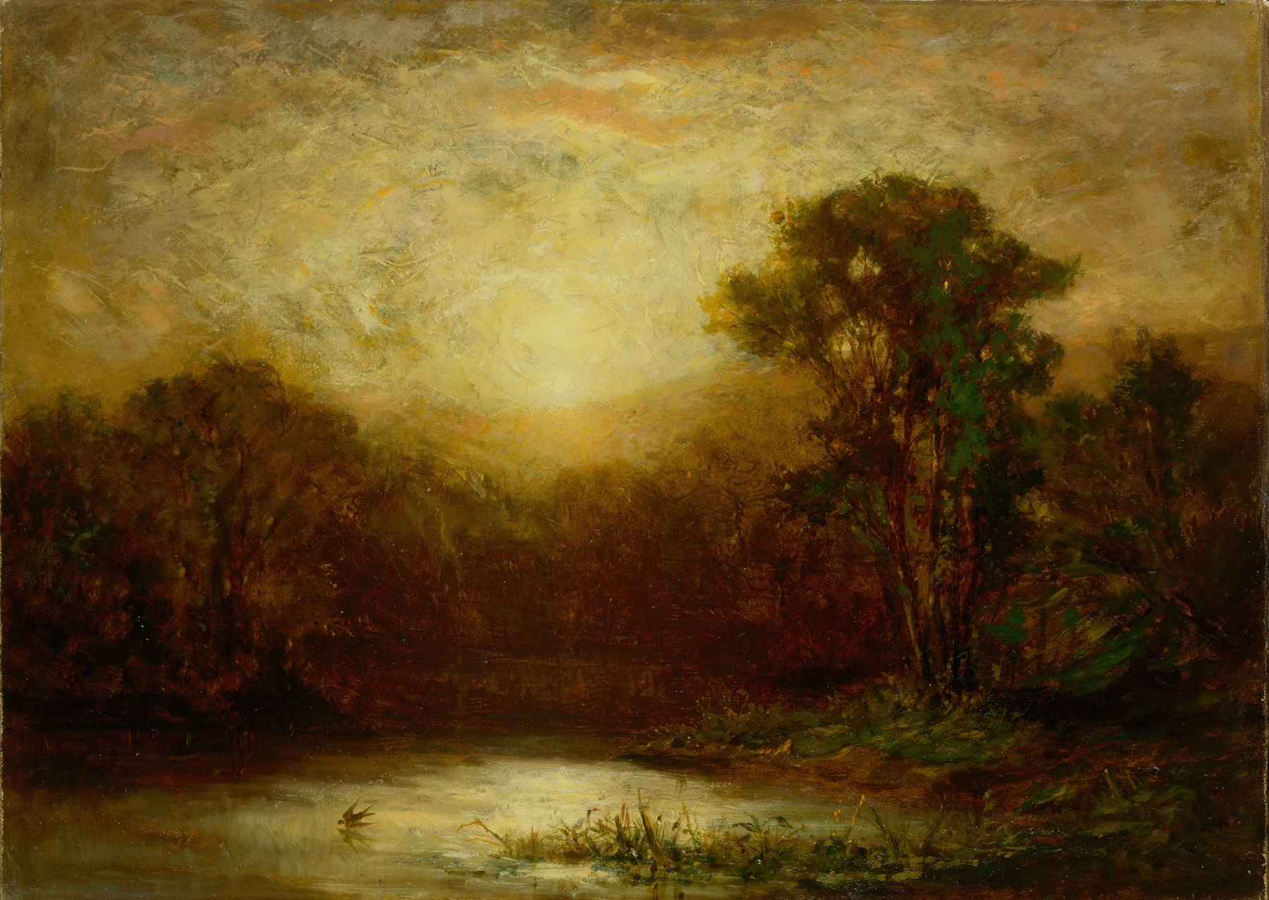 Sunset by Edward Mitchell Bannister, oil on canvas, vibrant evening sky with oranges and blues