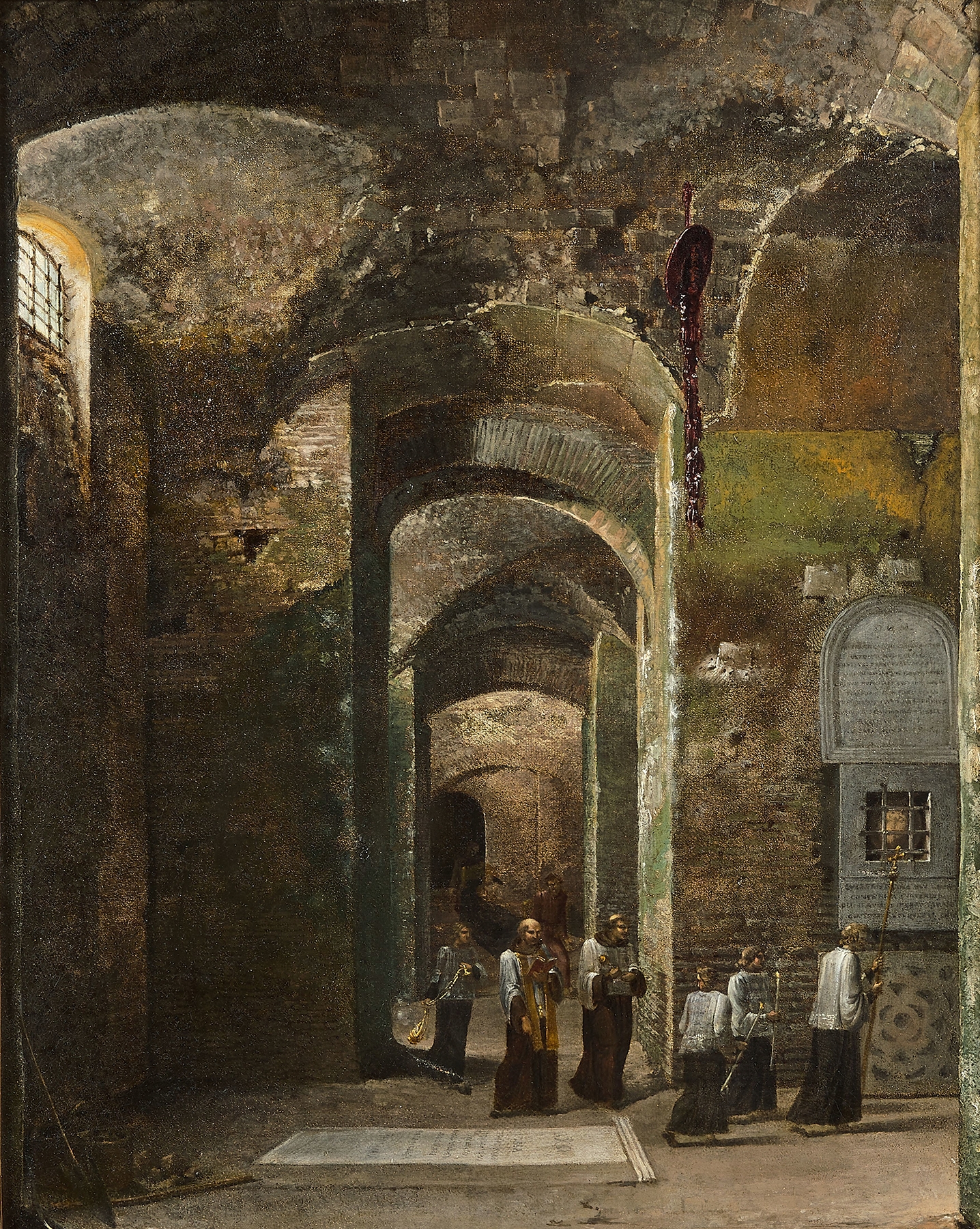 Cloaked figures in a crypt illuminated by candles, François-Marius Granet, oil painting