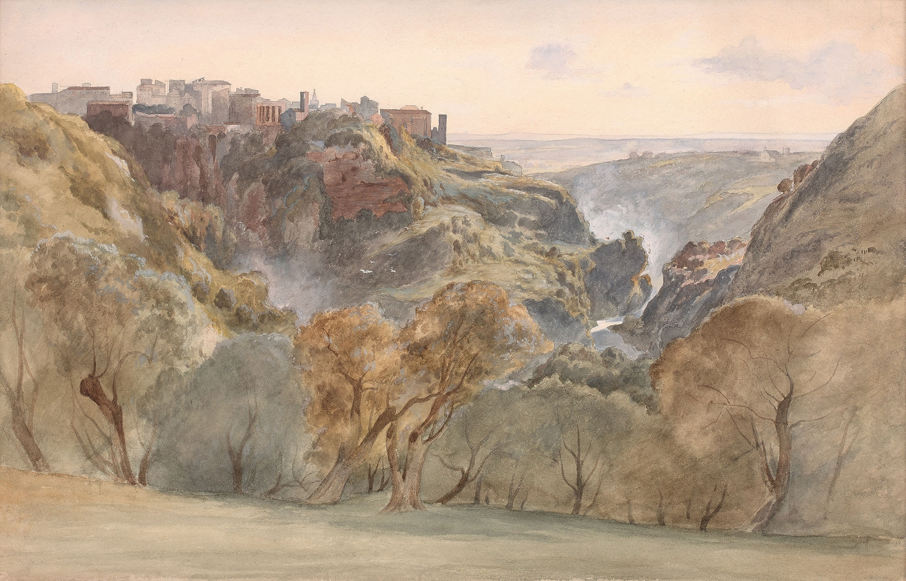 Les cascatelles de Tivoli by Jean-Achille Benouville, oil painting depicting a serene waterfall landscape