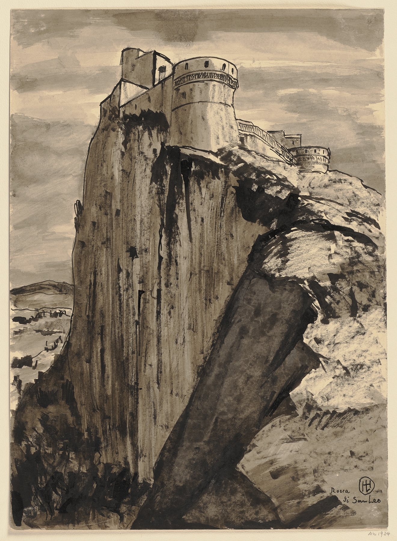 Rocca di San Leo by Hermann Lismann, oil on canvas depicting a fortress against a vast sky.