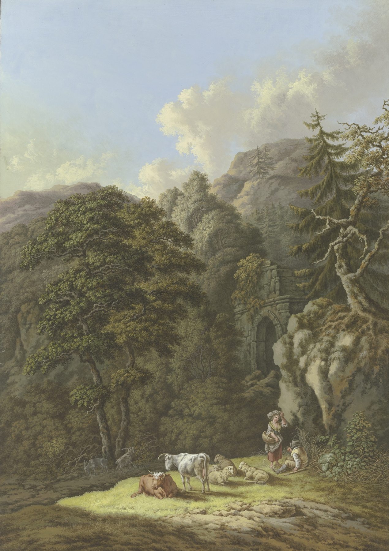 Waldige Berglandschaft mit einem alten Tor und einer Viehherde in einer Lichtung, oil on canvas by Karl Franz Kraul