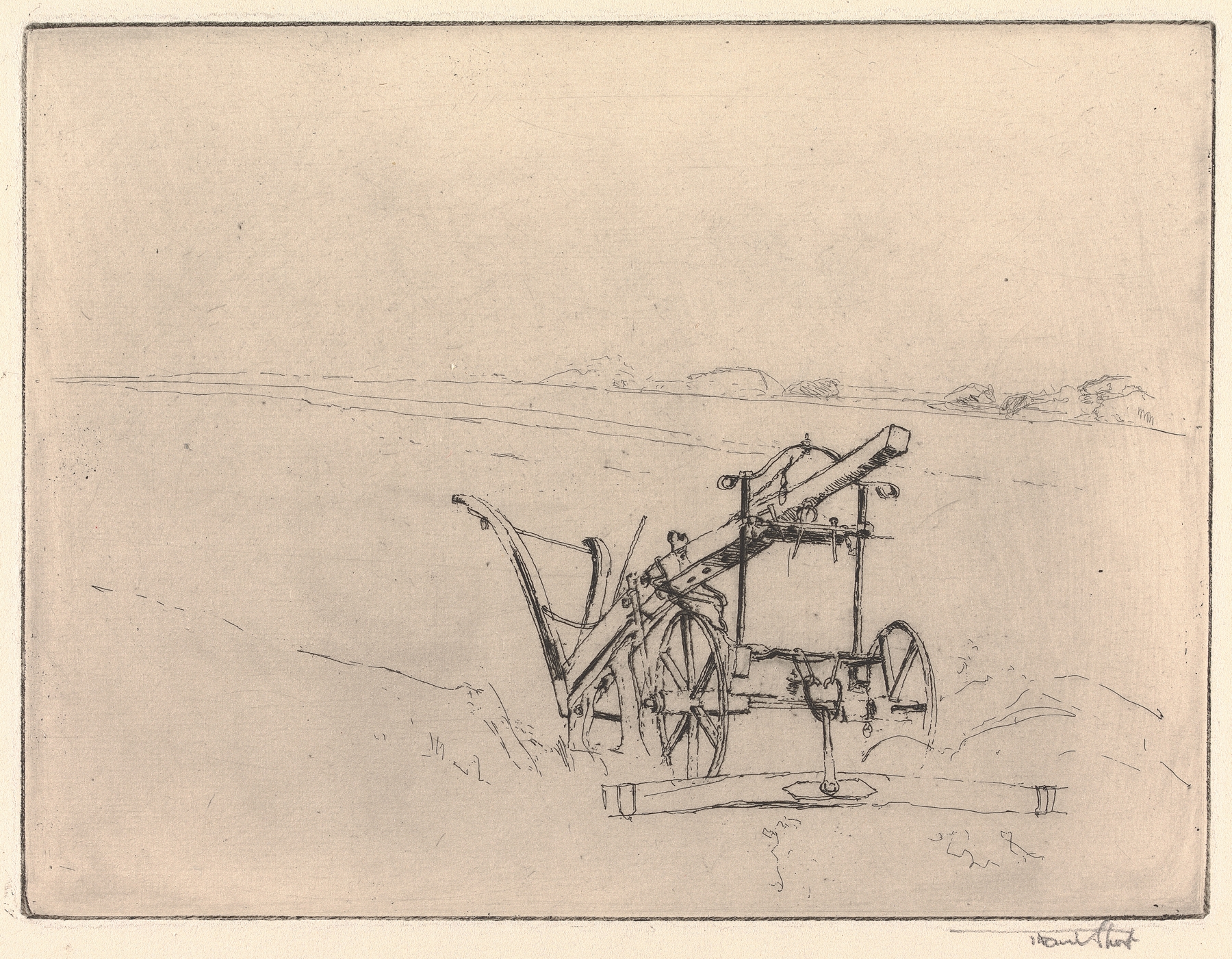 A Norfolk Plough by Sir Frank Short, realism artwork depicting a rural landscape with a wooden plough.