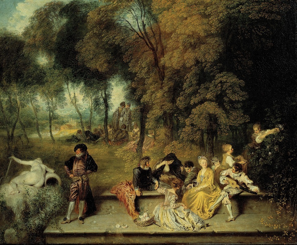 A painting by Jean-Antoine Watteau depicting romantic themes.
