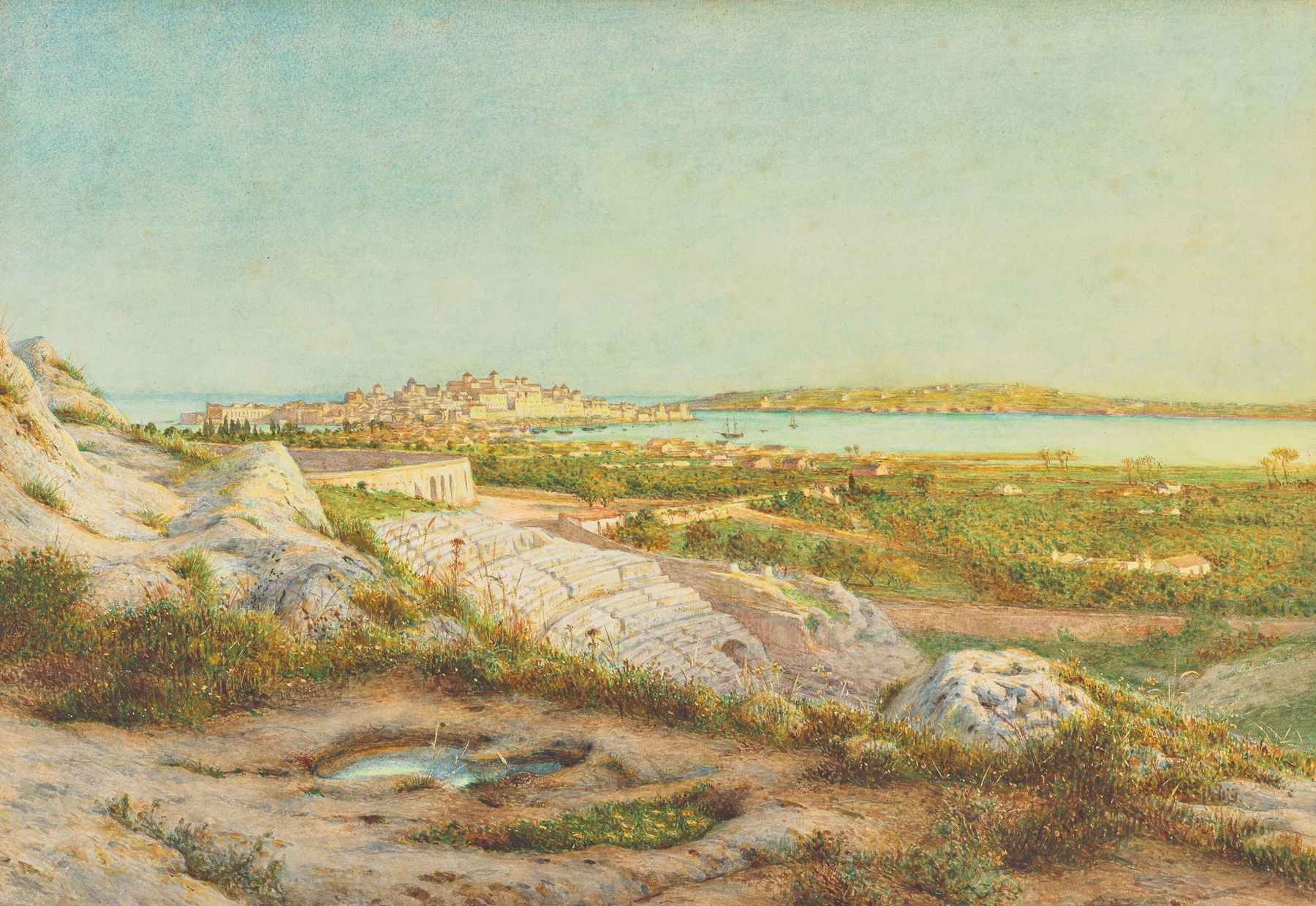 Syracuse by Henry Wallis, oil on canvas depicting a landscape with muted hues and emotional depth.