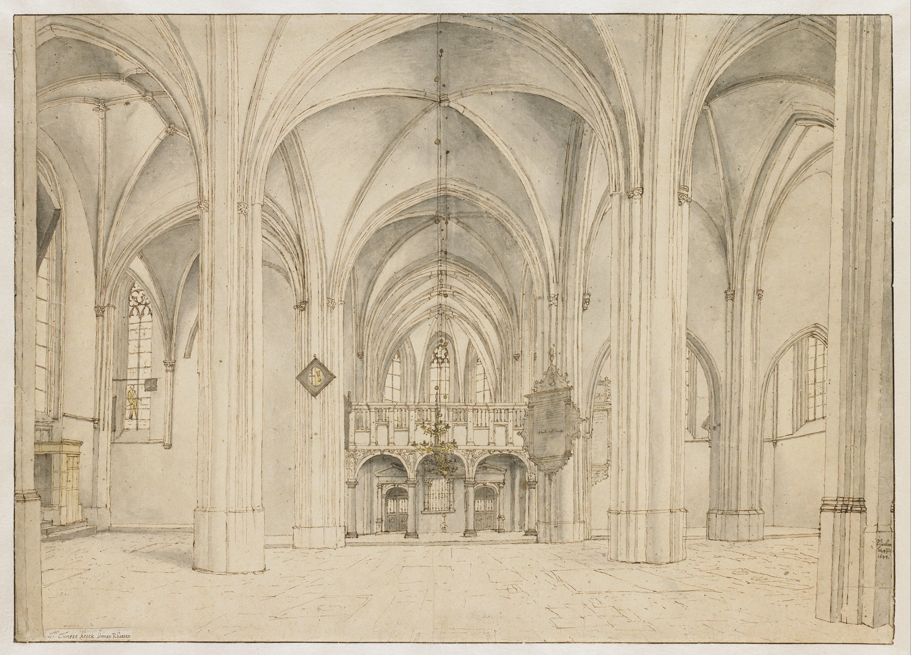 View of the Nave and Choir of the Sint-Cunerakerk, Rhenen, Looking East, by Pieter Jansz Saenredam, public domain