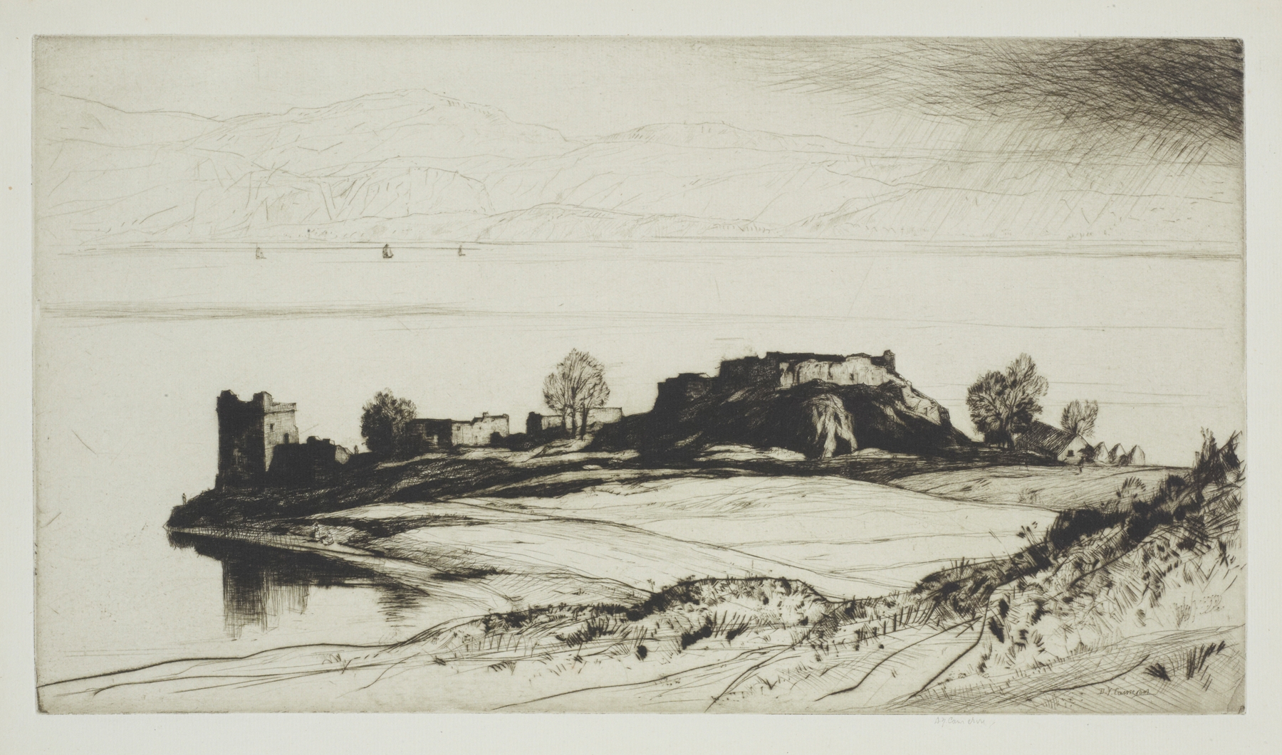Etching by David Young Cameron depicting Castle Urquhart against a stormy sky.