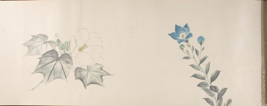 Botanical artwork featuring flowers and figures by Suzuki Kiitsu, paper medium