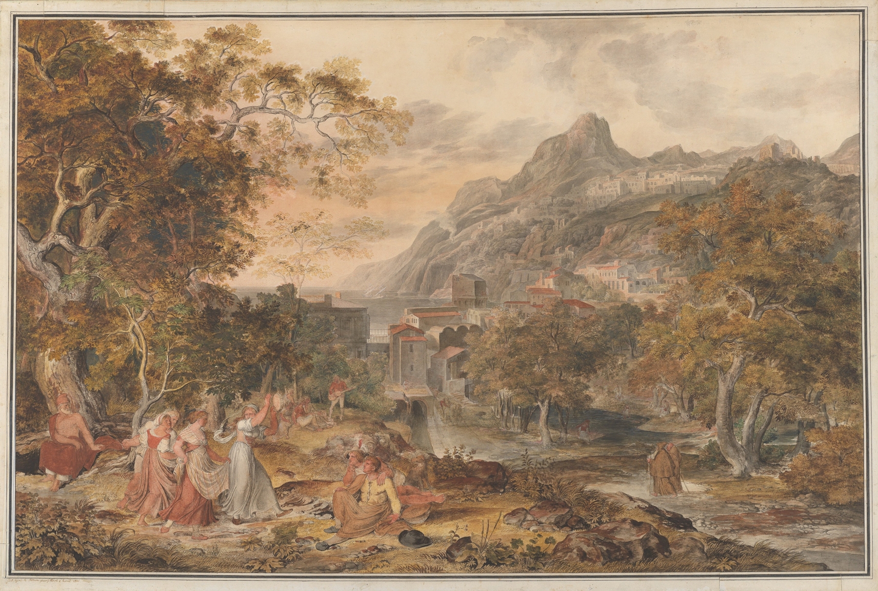 Young country women dancing in a landscape, oil on canvas by Joseph Anton Koch