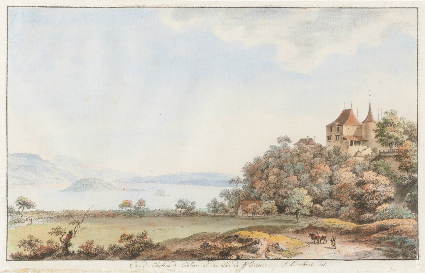 Landscape with Lac de Bienne and hills by Johann Ludwig Aberli, oil painting