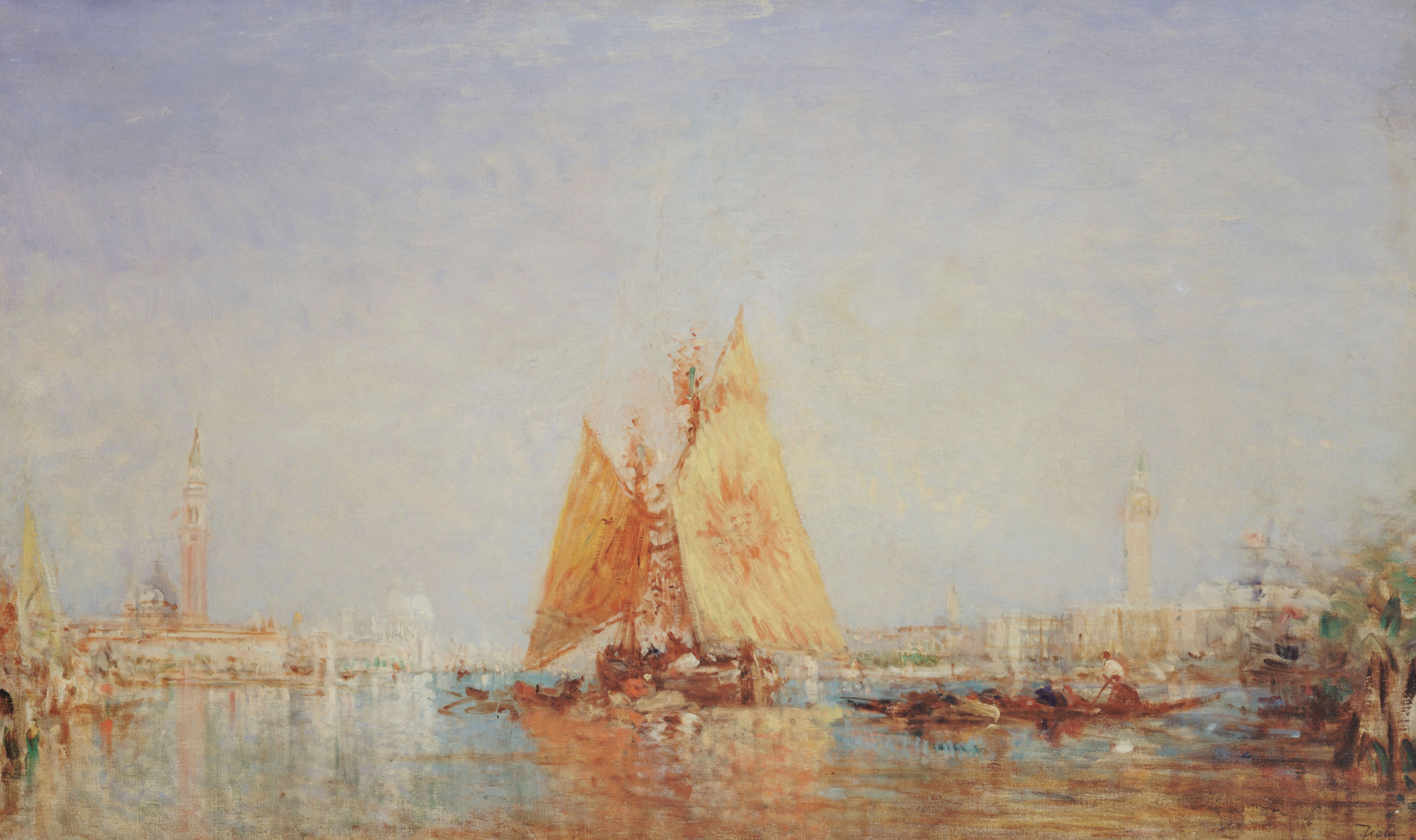 Venise, Trabaccolo À La Voile Jaune by Félix Ziem, oil painting of a yellow sailboat on water.