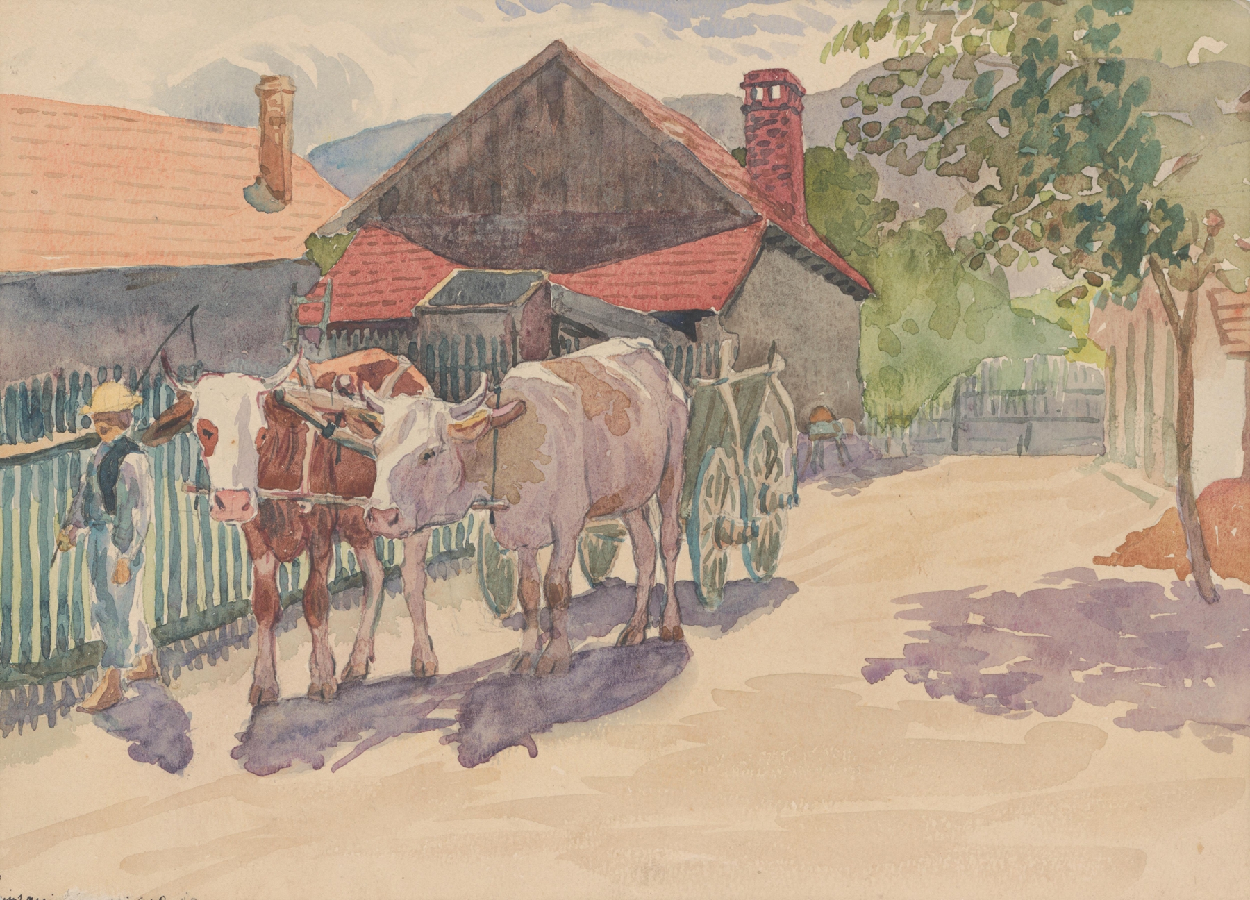 Dedina s kravami by Ján Thain, oil on canvas depicting a village in rolling hills.