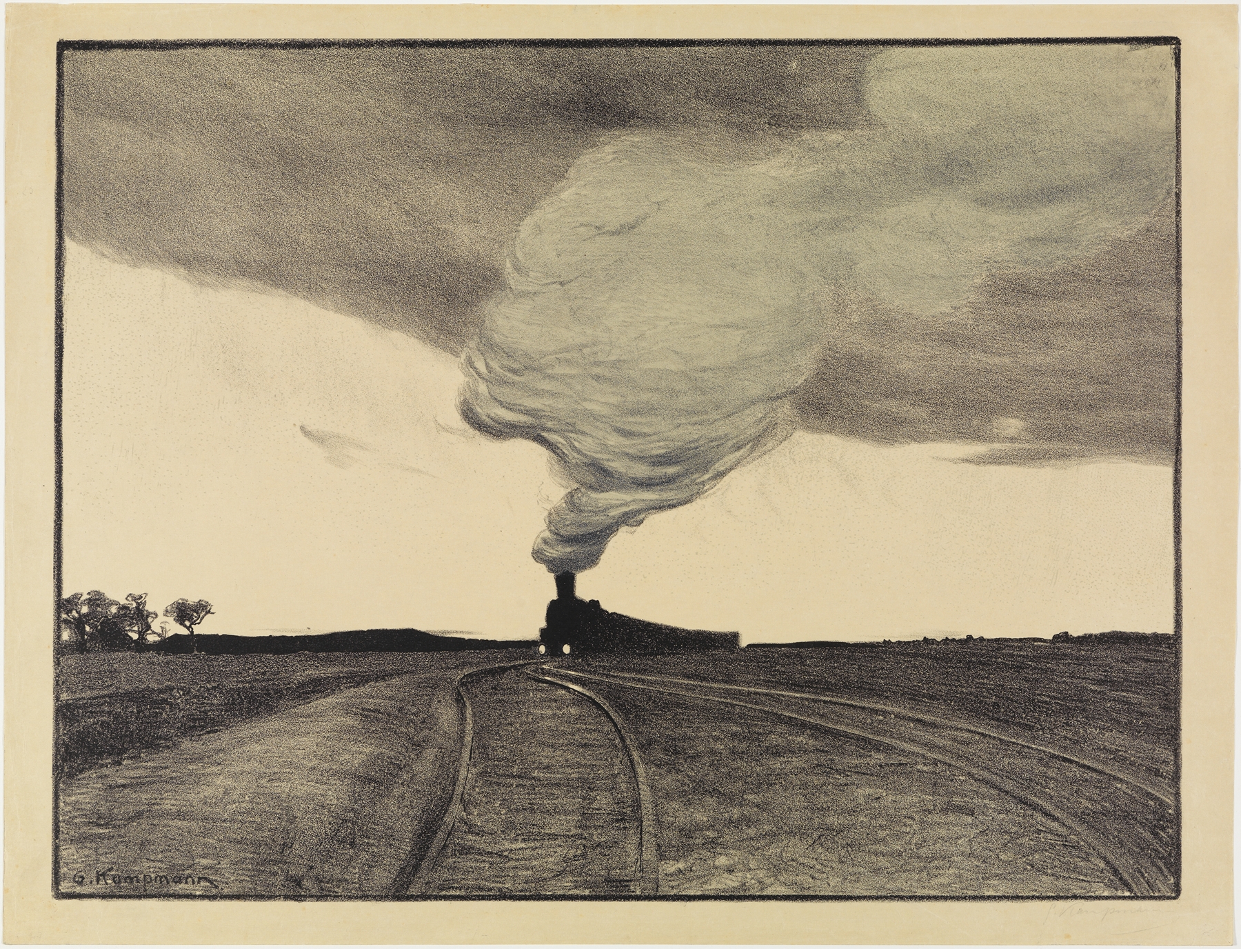 Landscape at twilight featuring a train, oil painting by Gustav Kampmann.