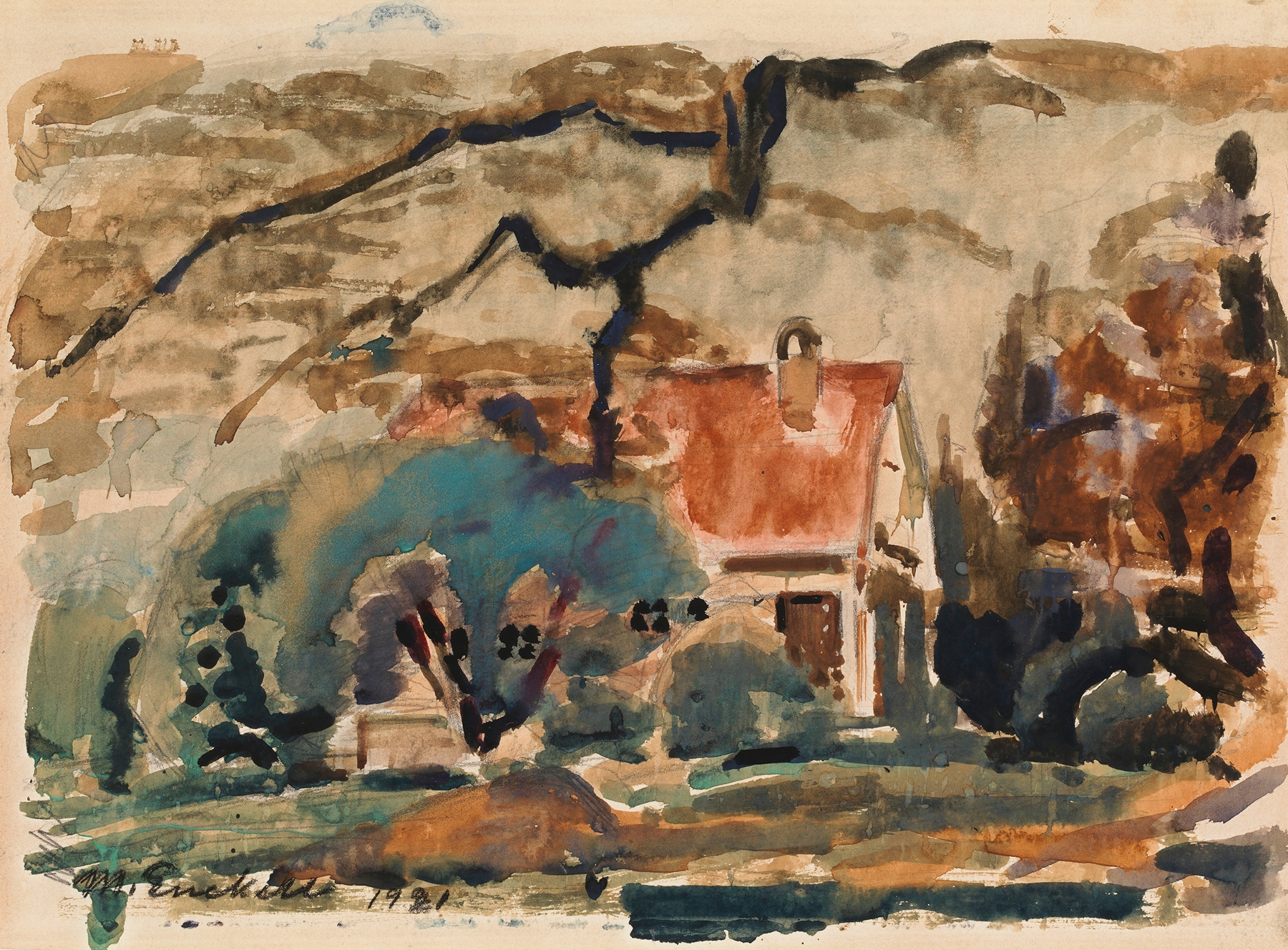 Villa of the Artist in Kilo by Magnus Enckell, oil painting depicting a villa surrounded by soft landscape