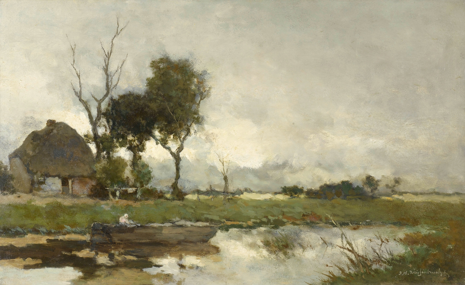 Autumn landscape with trees in oil on canvas by Johan Hendrik Weissenbruch
