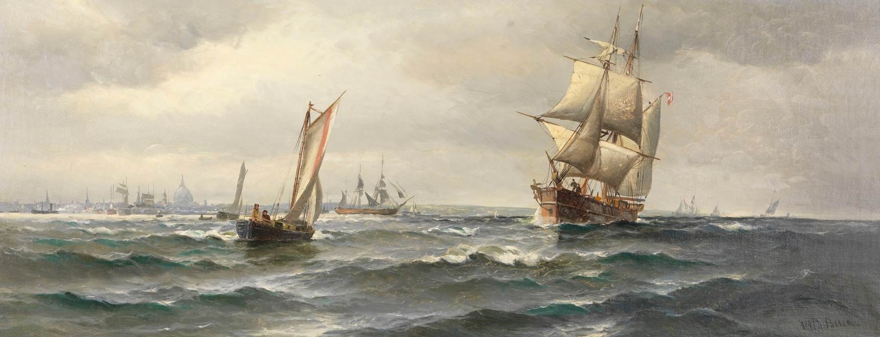 Sailboats in a harbor, oil painting by Vilhelm Bille