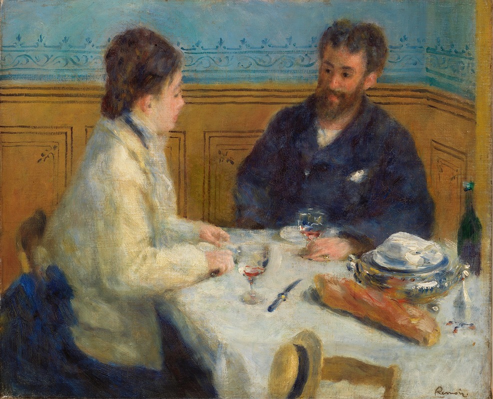 A lively scene of friends enjoying a meal outdoors, painted by Pierre-Auguste Renoir.