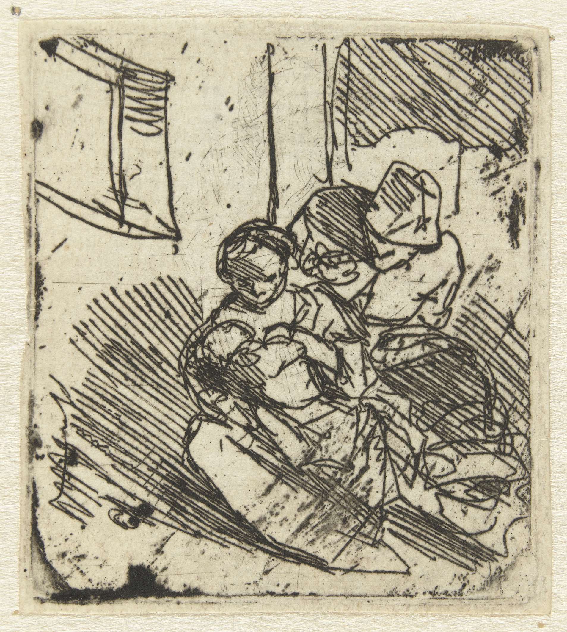 Etching by Cornelis Pietersz. Bega of a mother nursing her child in soft light.