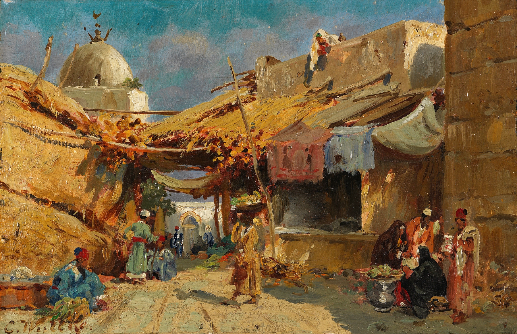 Orientalischer Basar by Carl Wuttke, oil on canvas depicting a vibrant market scene