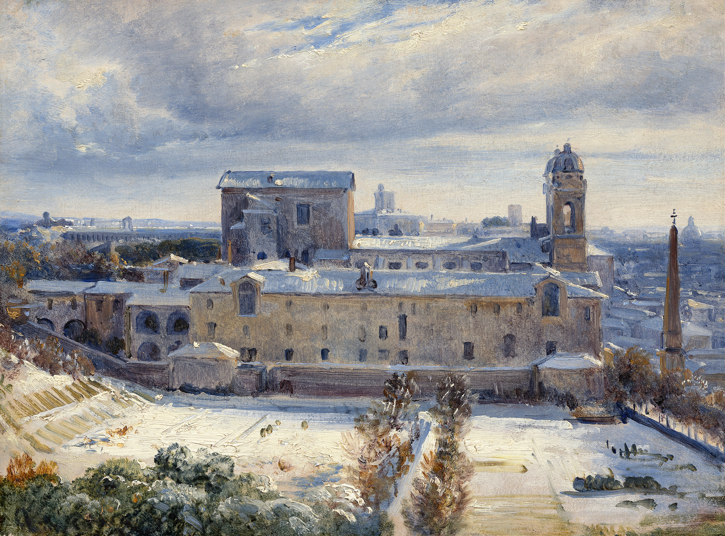 Santa Trinità dei Monti in the Snow by André Giroux, oil painting depicting a church in a snowy landscape.