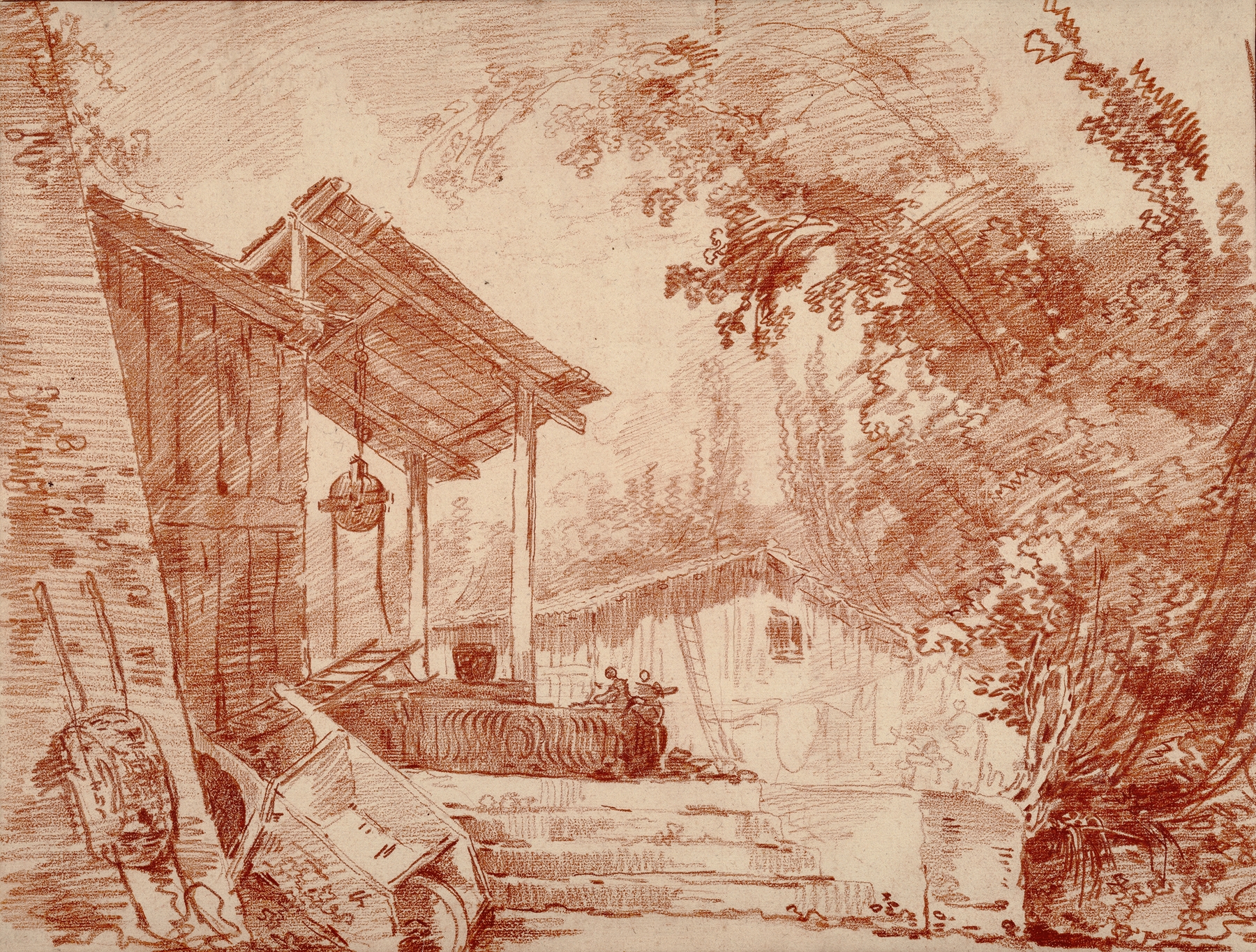 Farmyard scene with two figures by a well and a large wheelbarrow, oil painting by Hubert Robert