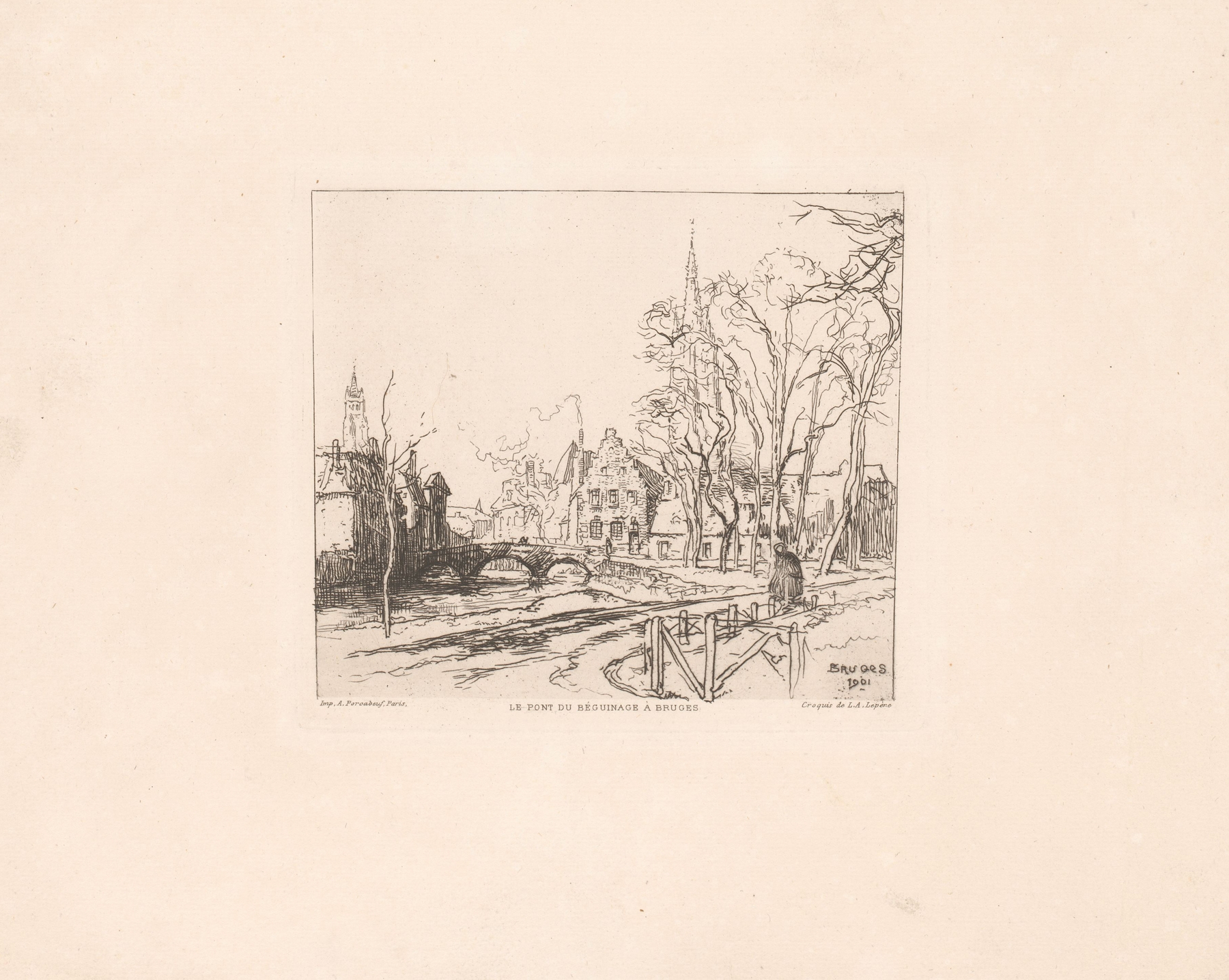 Landscape of Le pont du Beguinage à Bruges by Auguste Lepère, oil painting