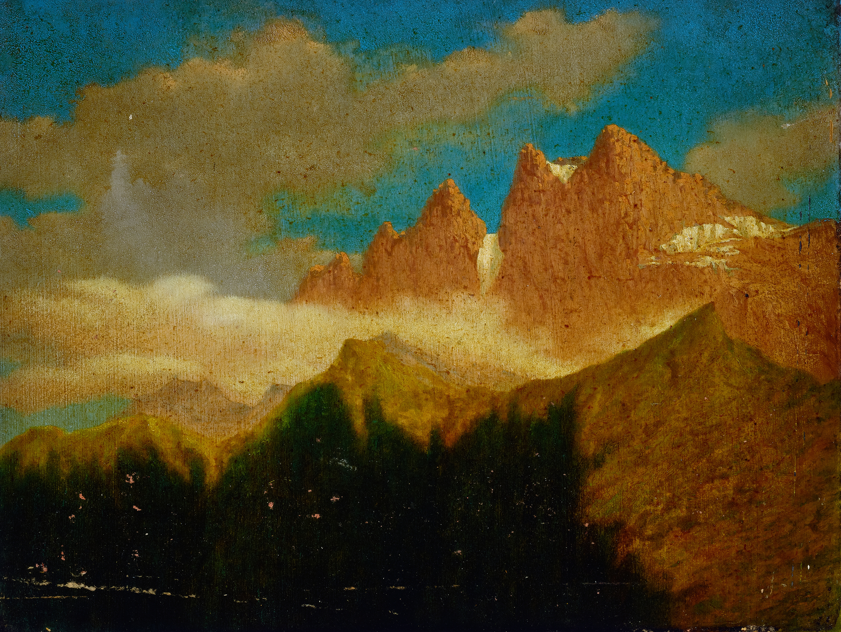 Landscape featuring mountains and a lake by Miner Kilbourne Kellogg