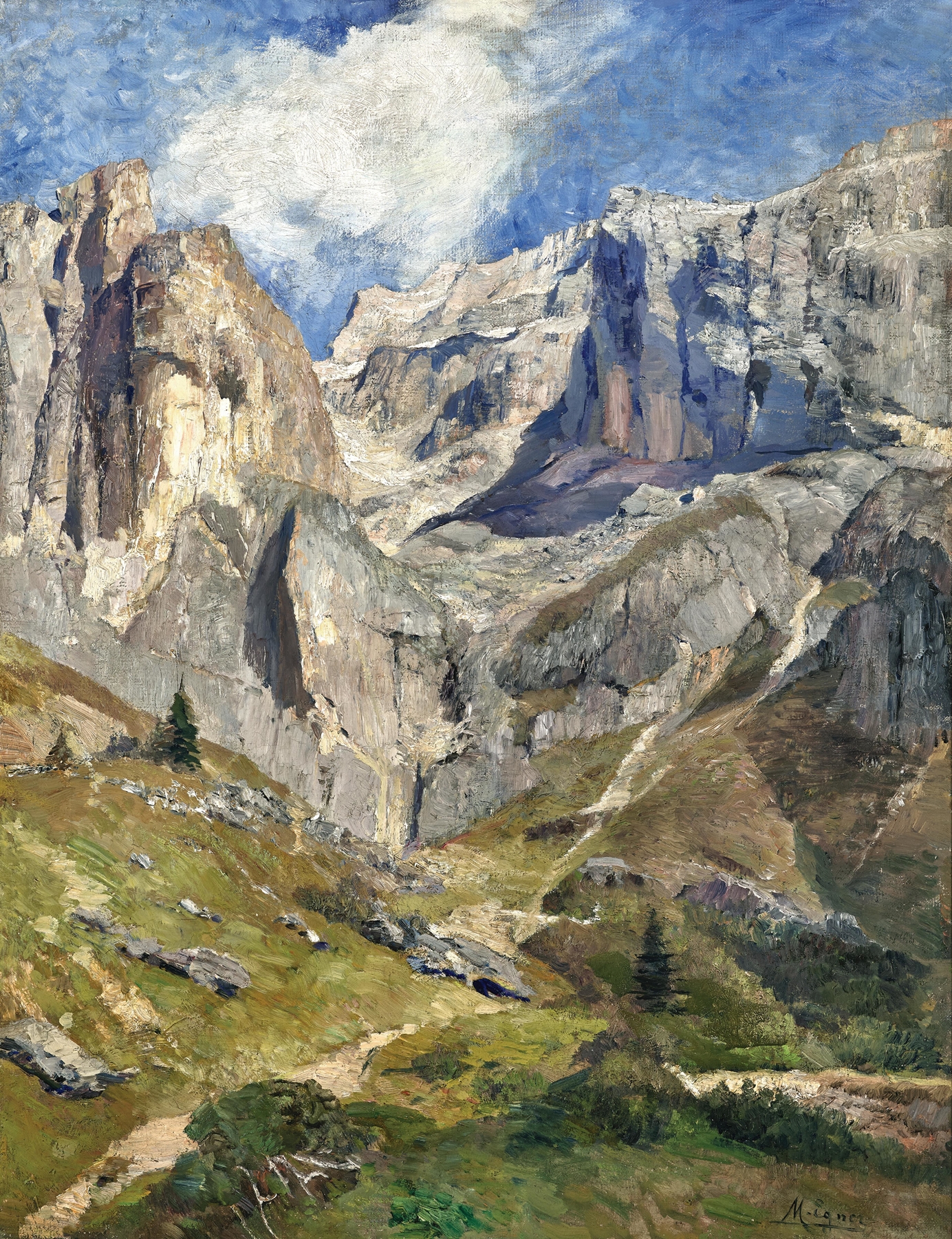 Landscape featuring mountains and pastel sky by Marie Egner, oil painting