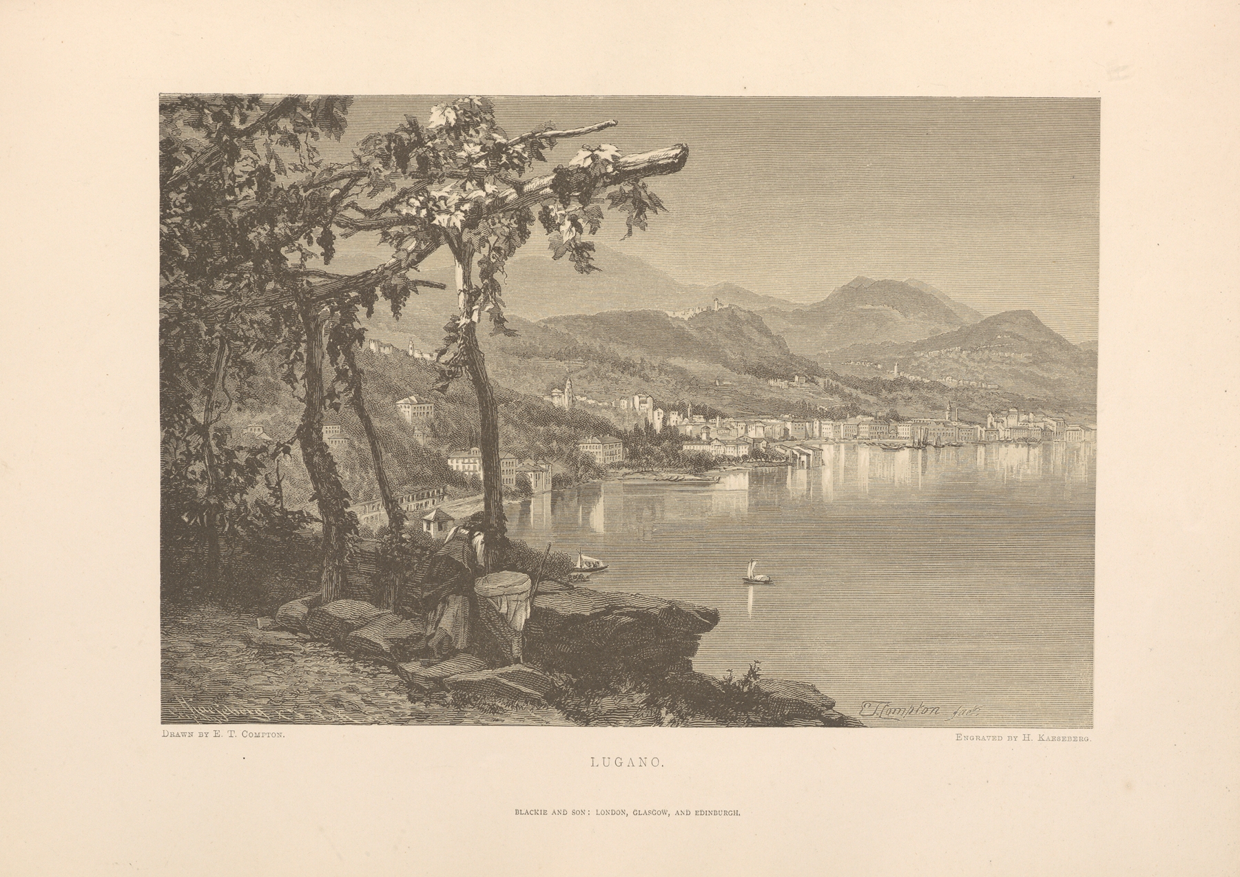 Lugano landscape oil painting by Theodor Gsell Fels, featuring mountains and a vibrant sky.