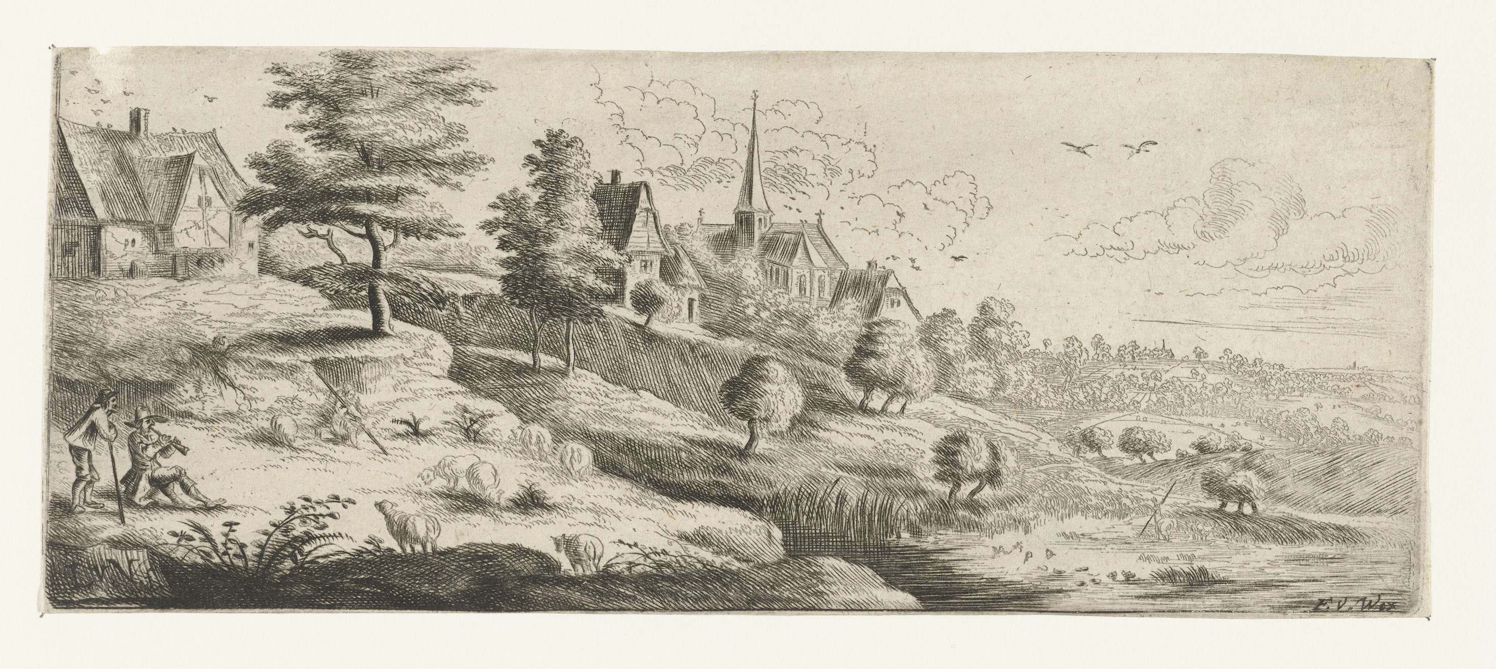 Landscape with a village and a man playing a shawm, etching by Lucas van Uden.