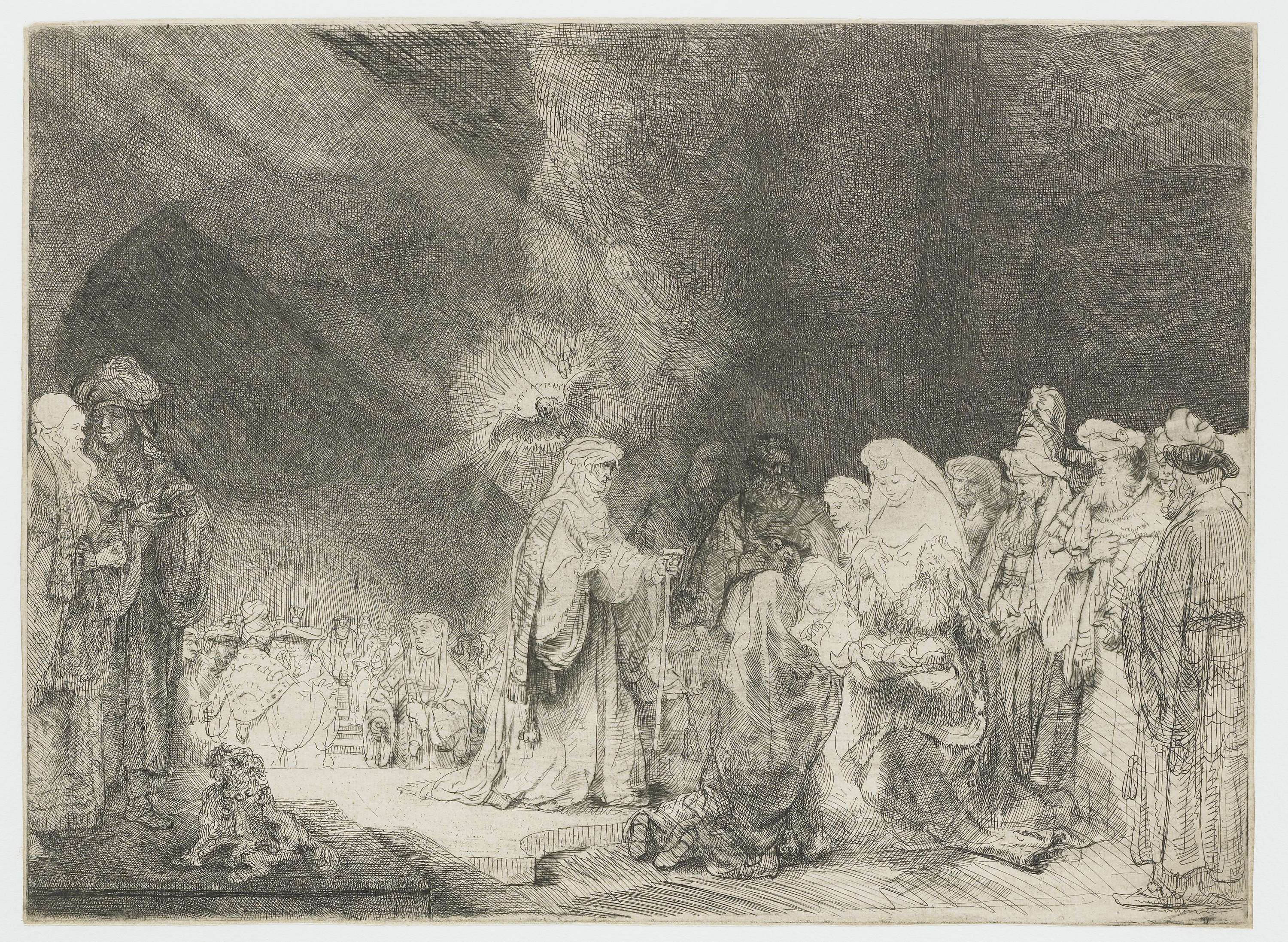 Etching by Rembrandt van Rijn depicting a child held aloft in a temple surrounded by figures in robes.