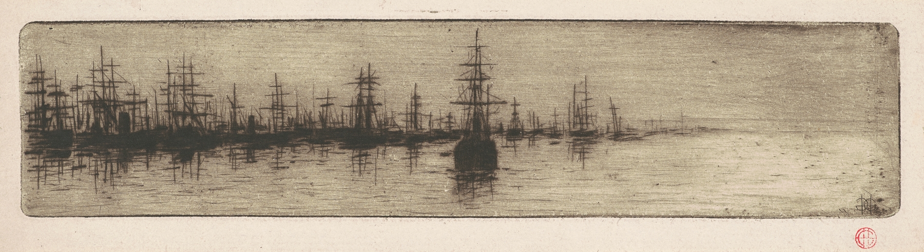 Tall Ships in a Harbor by Henri-Charles Guérard, impressionism, depicting ships and water