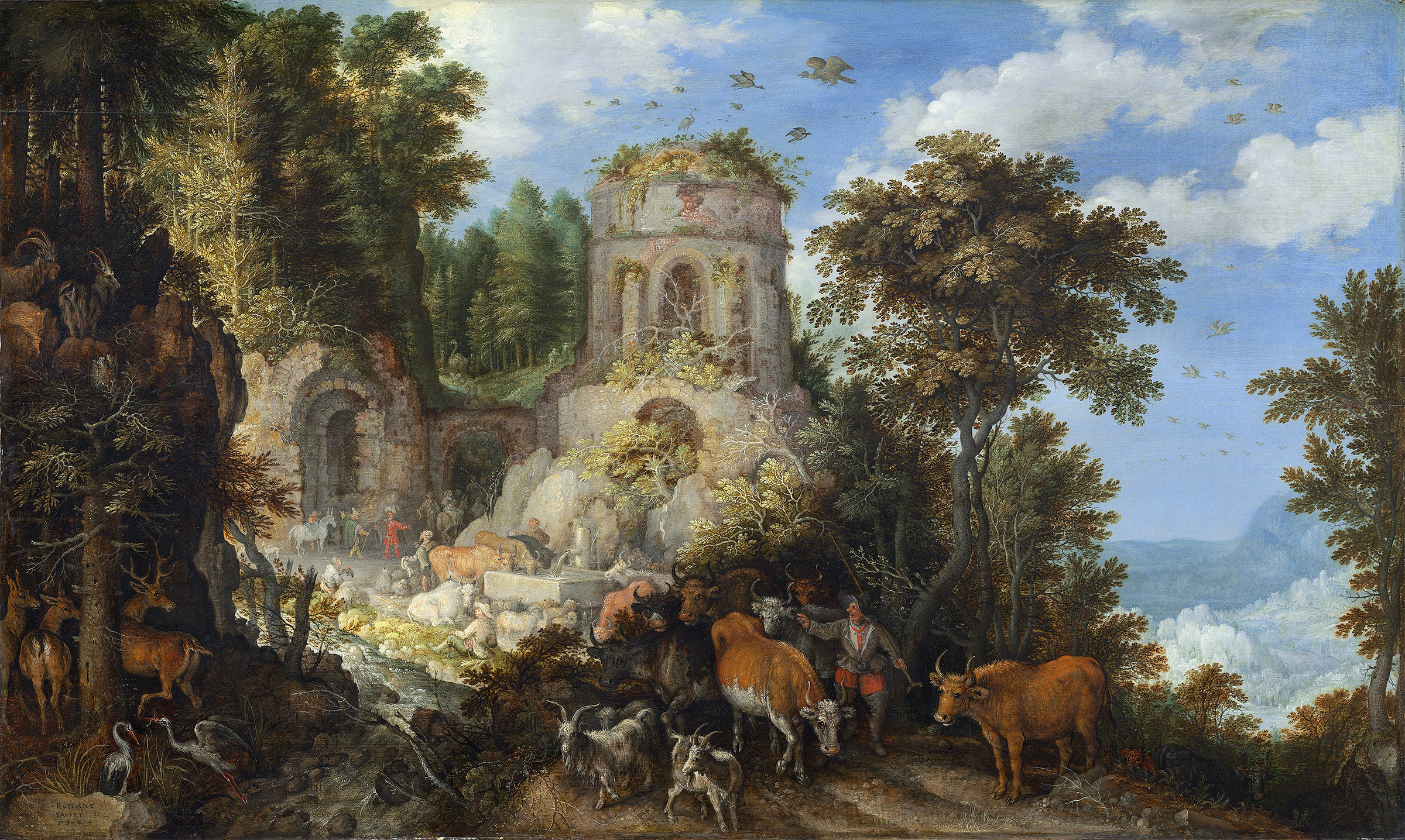 Landscape with the Flight into Egypt by Roelant Savery, oil on panel depicting a serene journey.