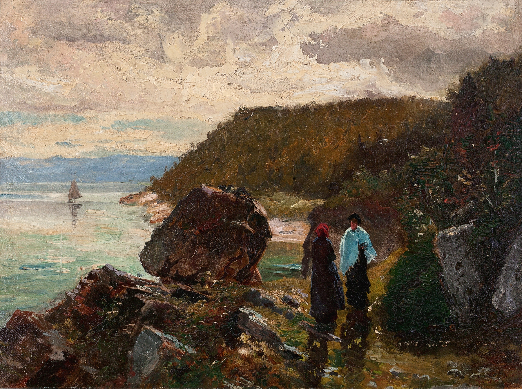 Landscape oil painting by J. Henry Sandham depicting a river and nature