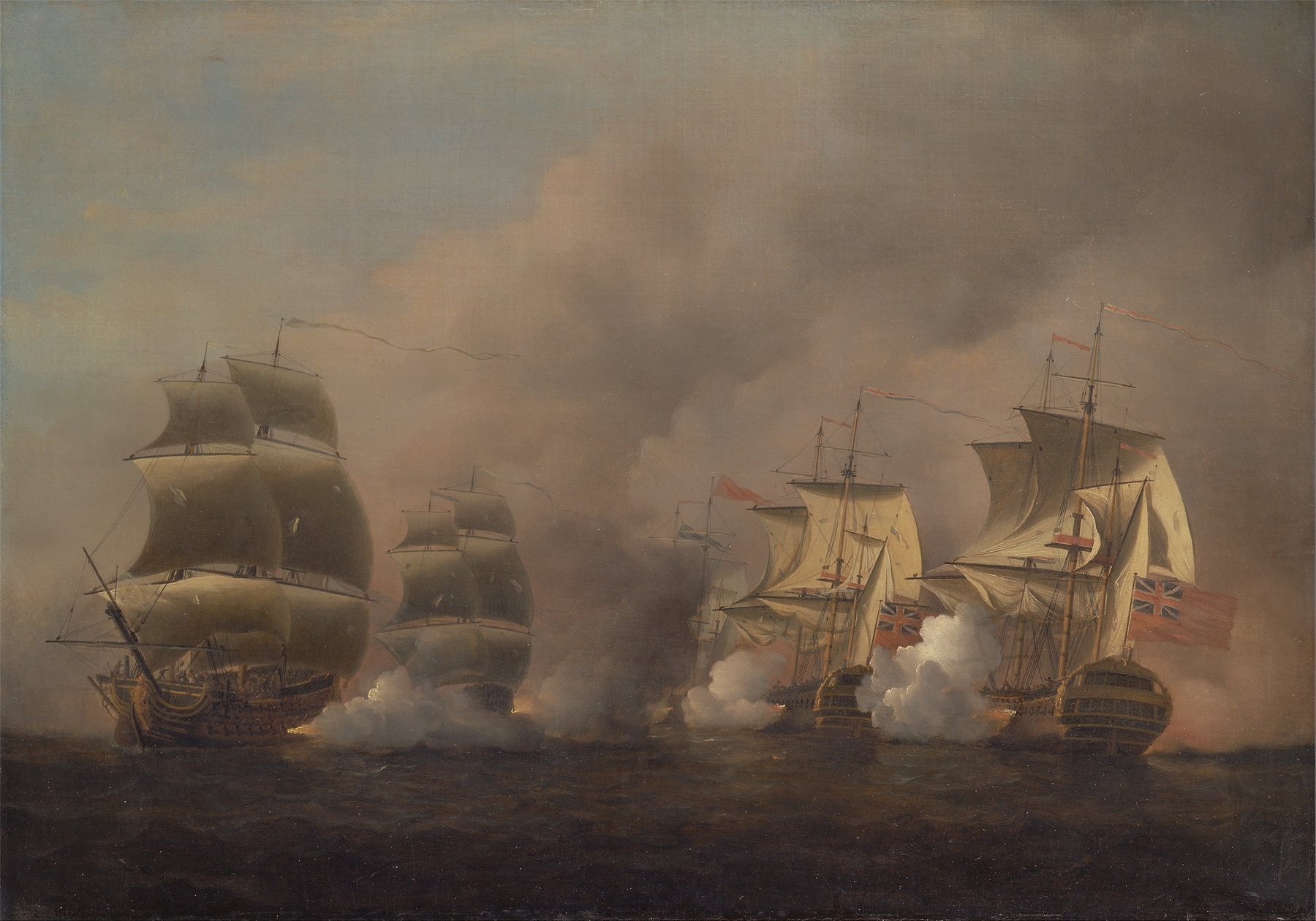 Rococo oil painting by Samuel Scott depicting a ship in stormy waves