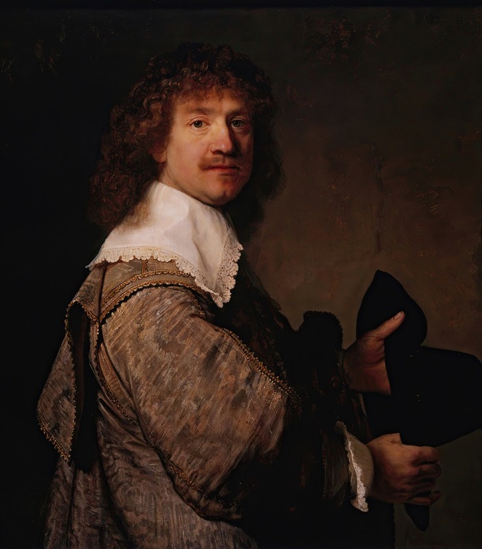 A striking portrait of a man holding a black hat, showcasing Rembrandt's skill in capturing human emotion.
