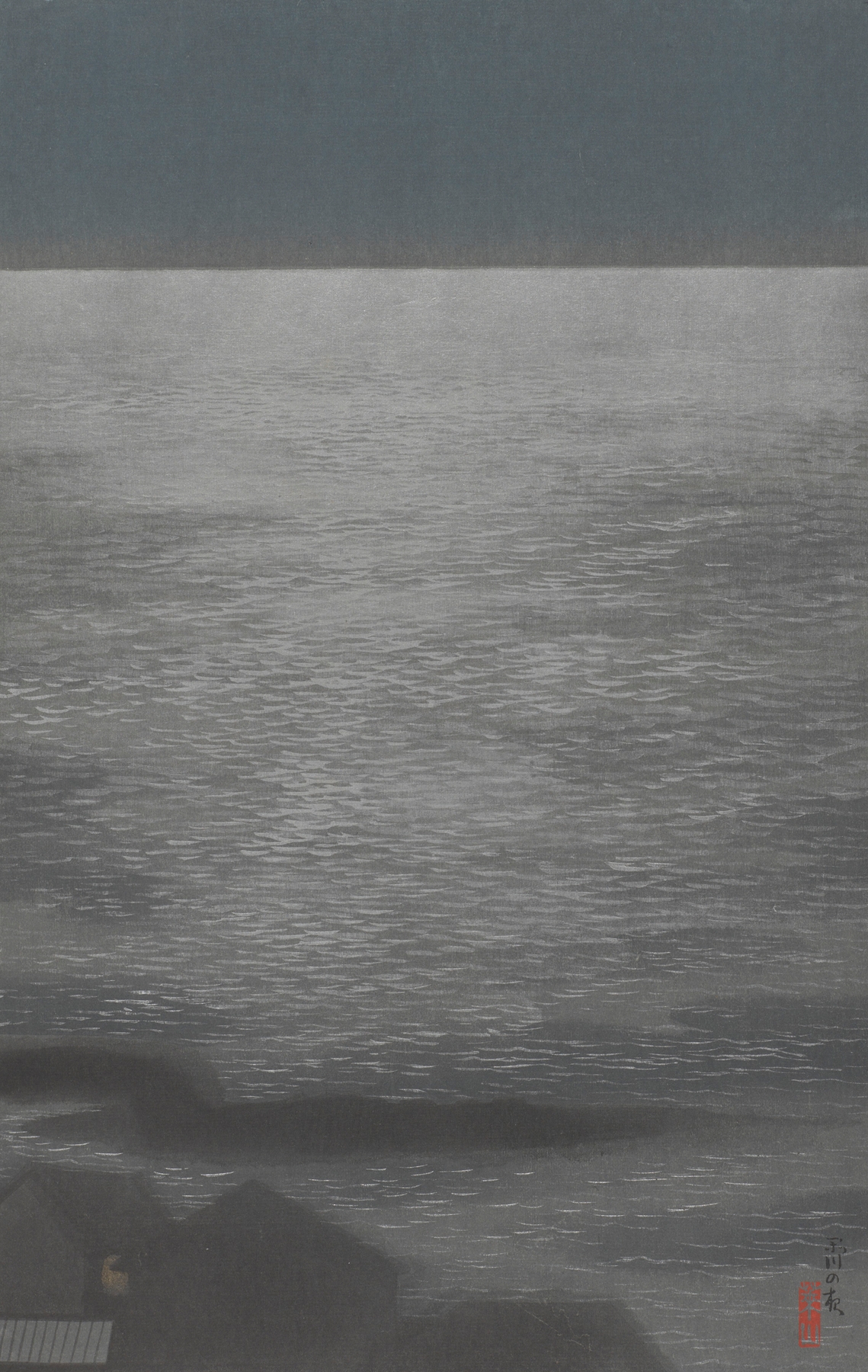 Ukiyo-e landscape by Negoro Raizan depicting moonlight over water