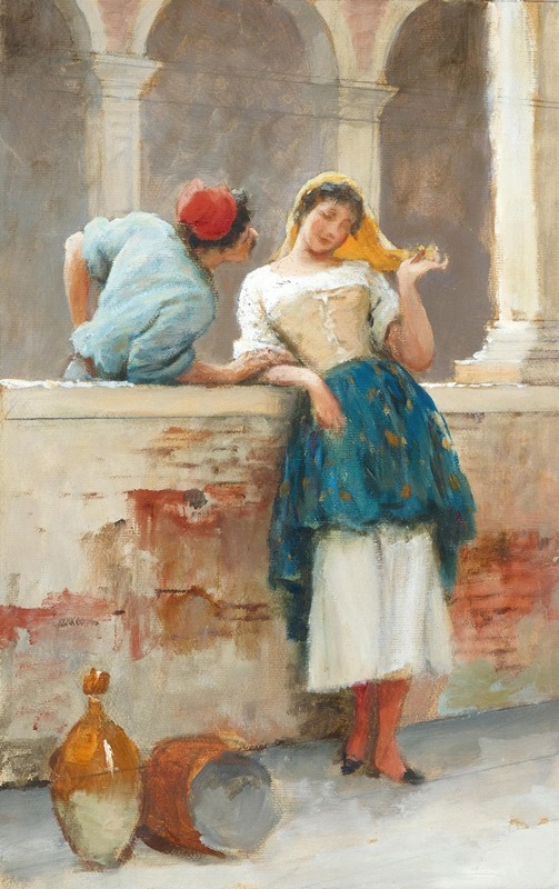 A charming scene of flirtation between two figures in a vibrant setting.