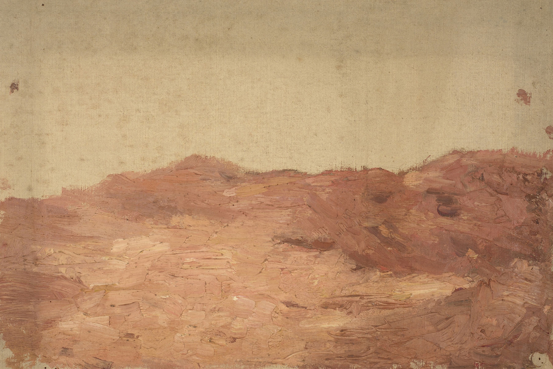Landscape by Jeanne Jegou-Cadart, oil on canvas, featuring gentle mountains and soft light.