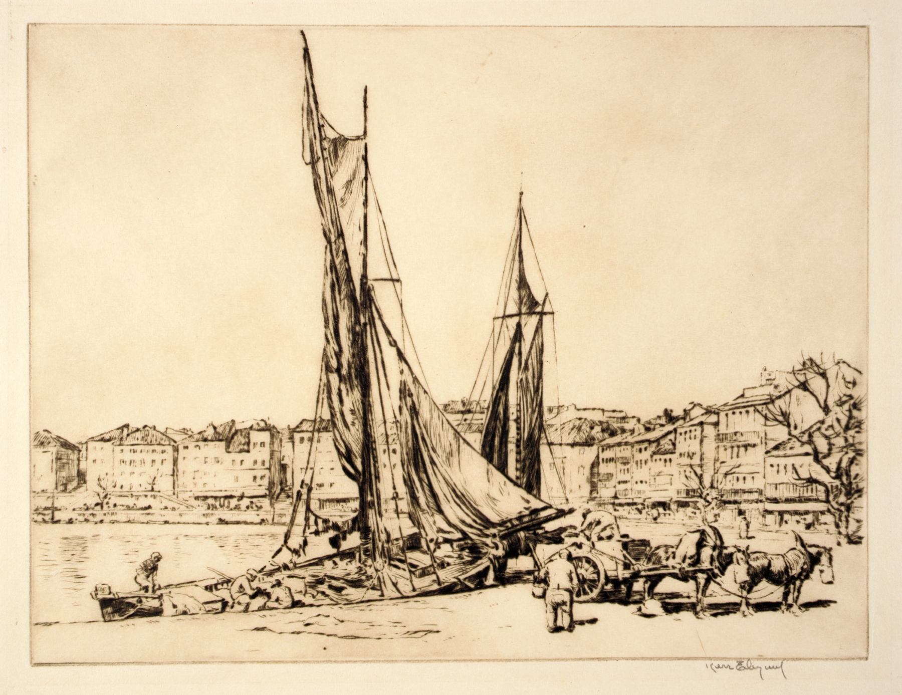 Marine scene depicting boats at Ciotat Harbor by Kerr Eby, oil painting