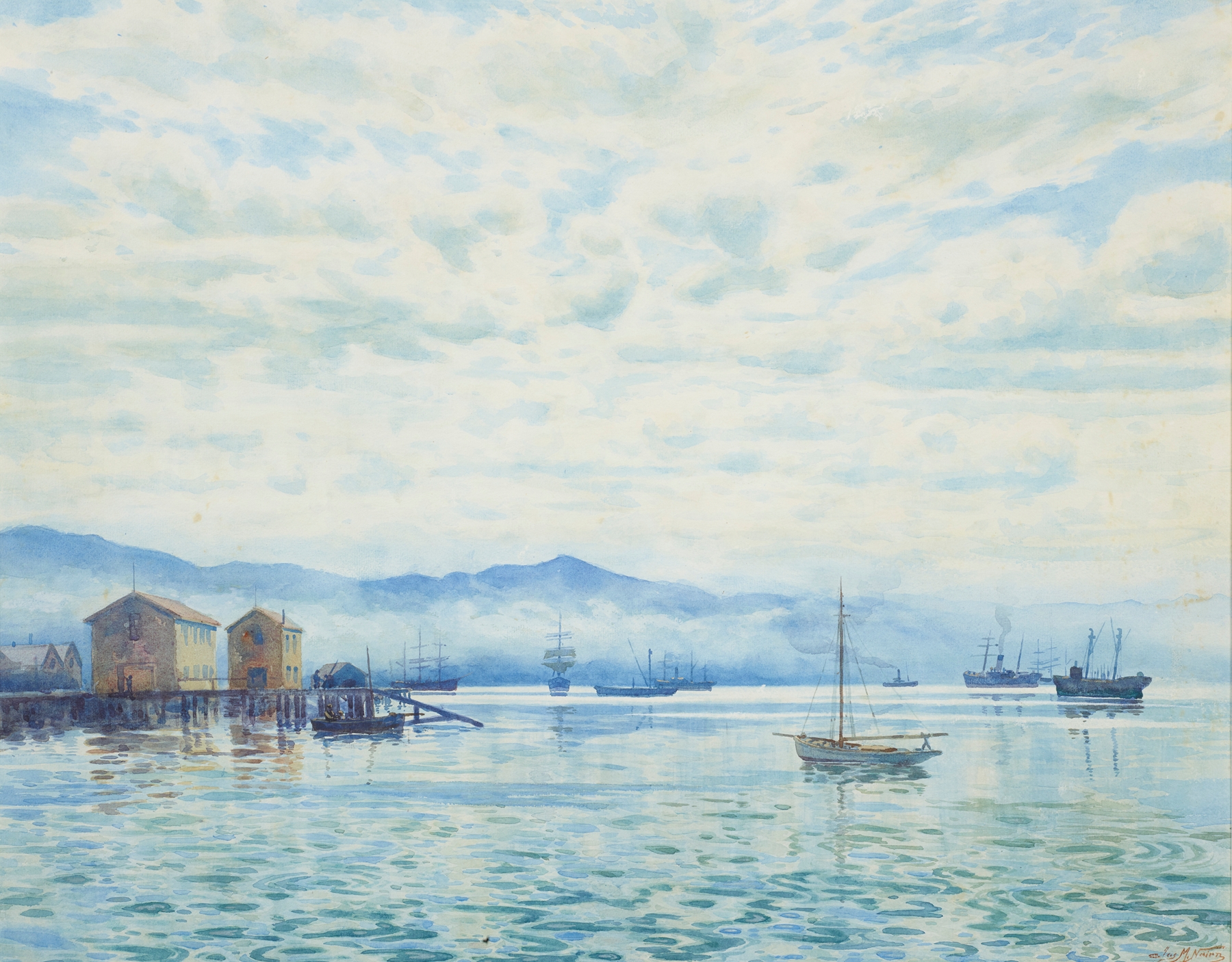 Wellington Harbour by James Nair, oil painting depicting gentle waves and shimmering light.