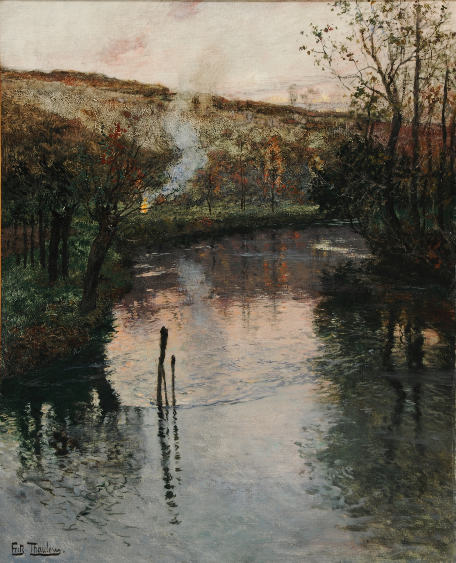 Soleil couchant sur l’Arques à Péquigny by Frits Thaulow, impressionism, landscape