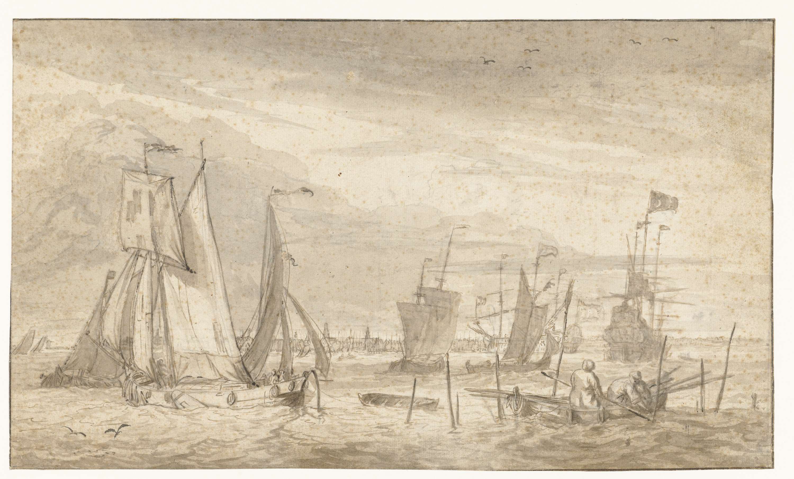 Oil painting by Pieter Coopse depicting a river with a city skyline.