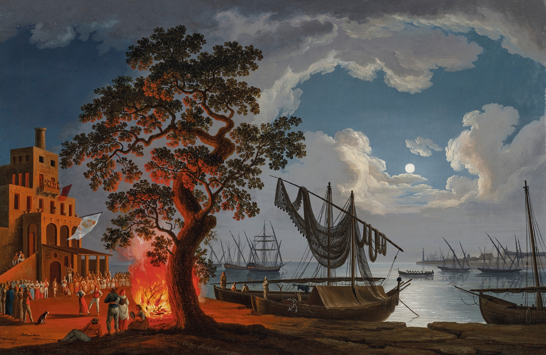 A customs house, with dancers and musicians next to a fire, boats in a bay beyond, by Jacob Philipp Hackert, public domain