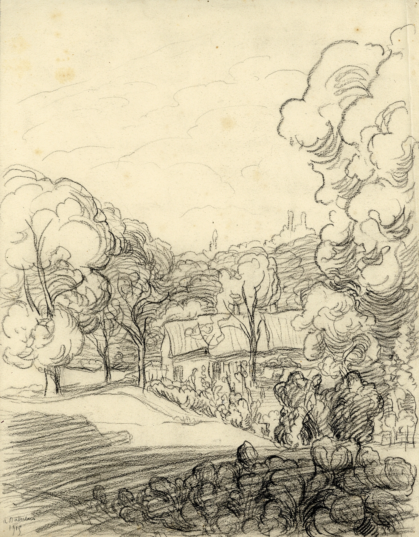 Landscape in charcoal on paper by Albert Daenens, featuring sweeping curves and interplay of light and shadow.