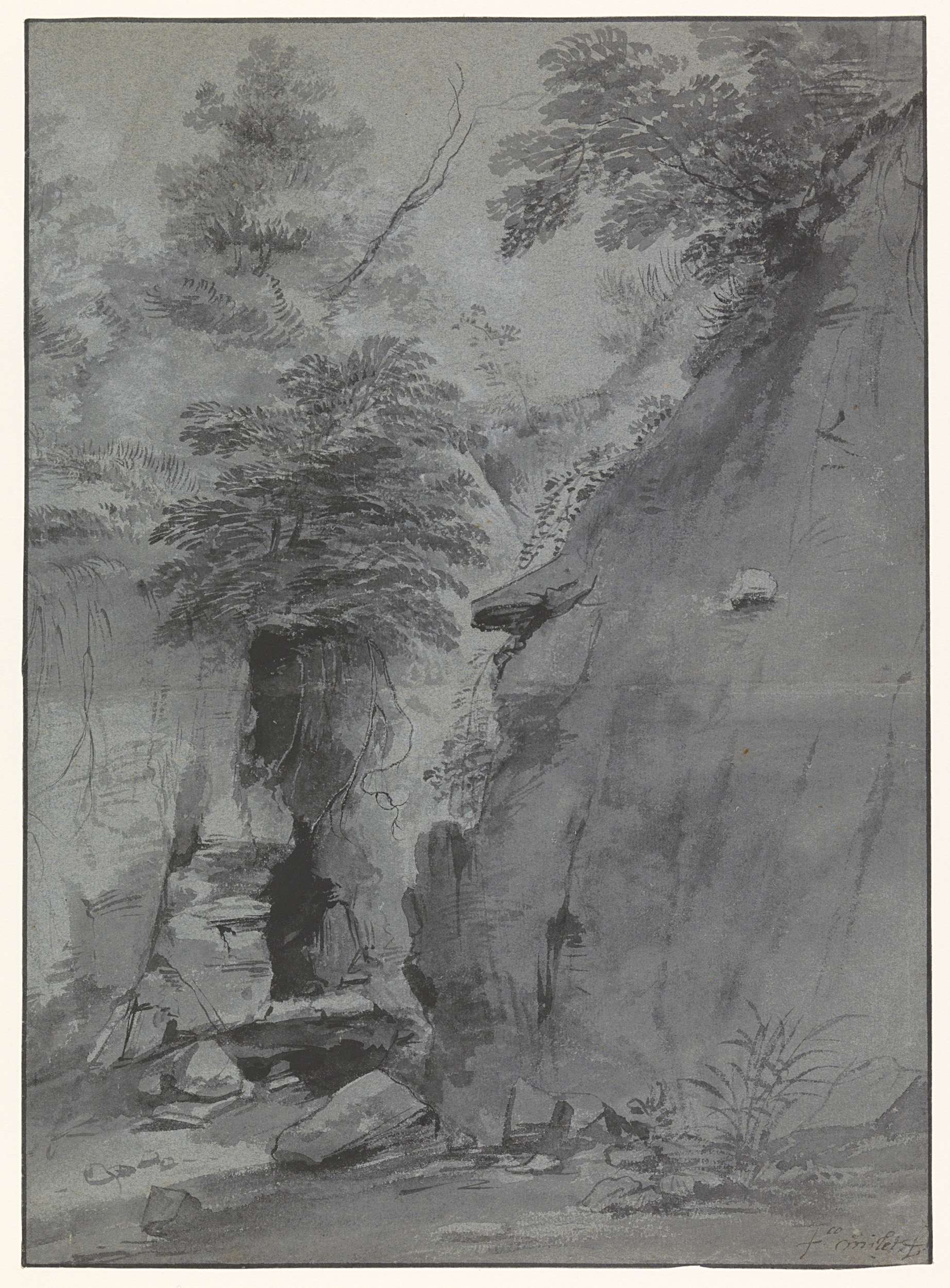Kloof tussen rotswanden by Jean François Millet, oil on canvas depicting cliffs and figures in soft light.