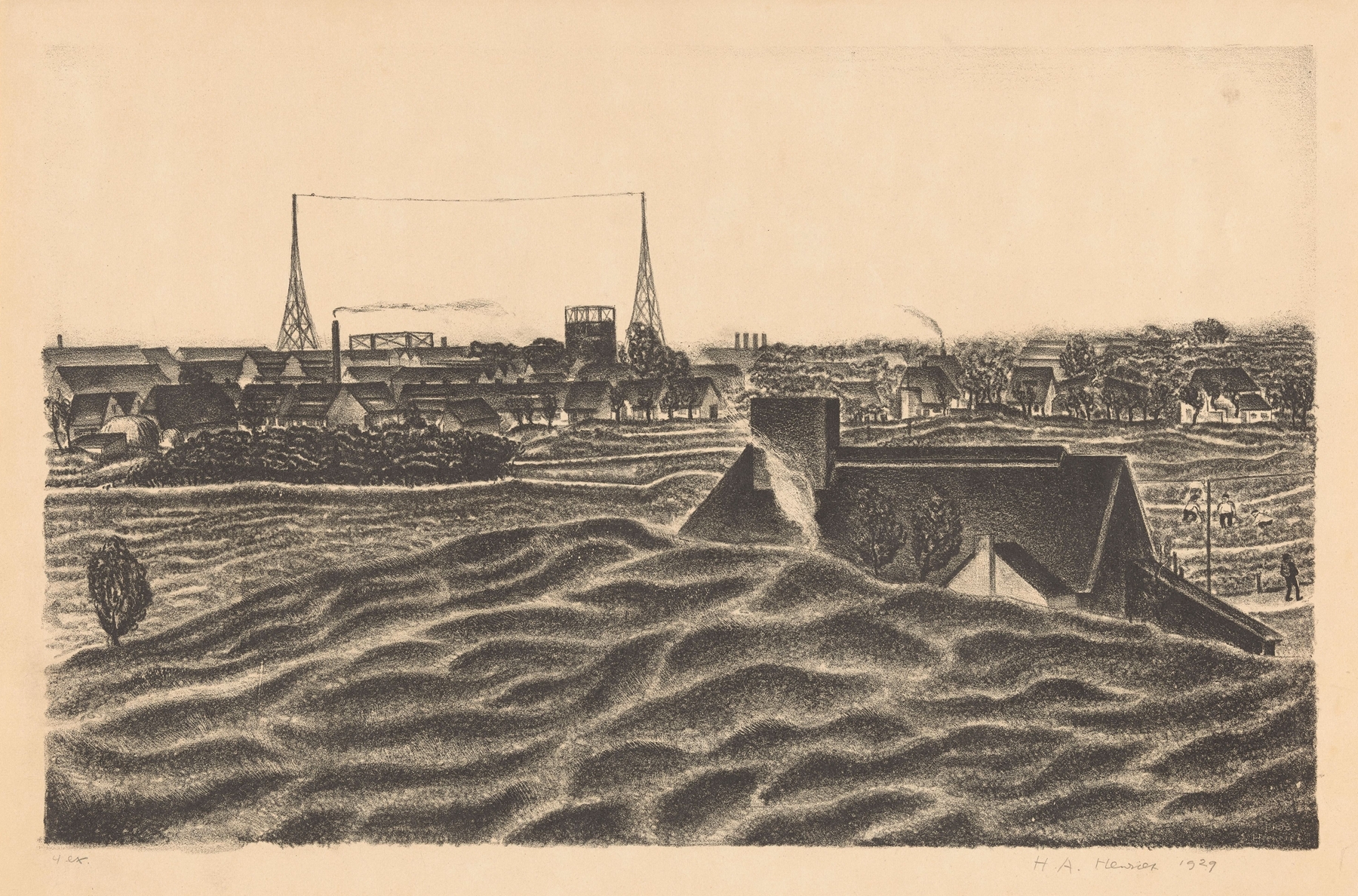Stadsrand by Henk Henriët, modernism, depicting a city skyline with shadow and light.