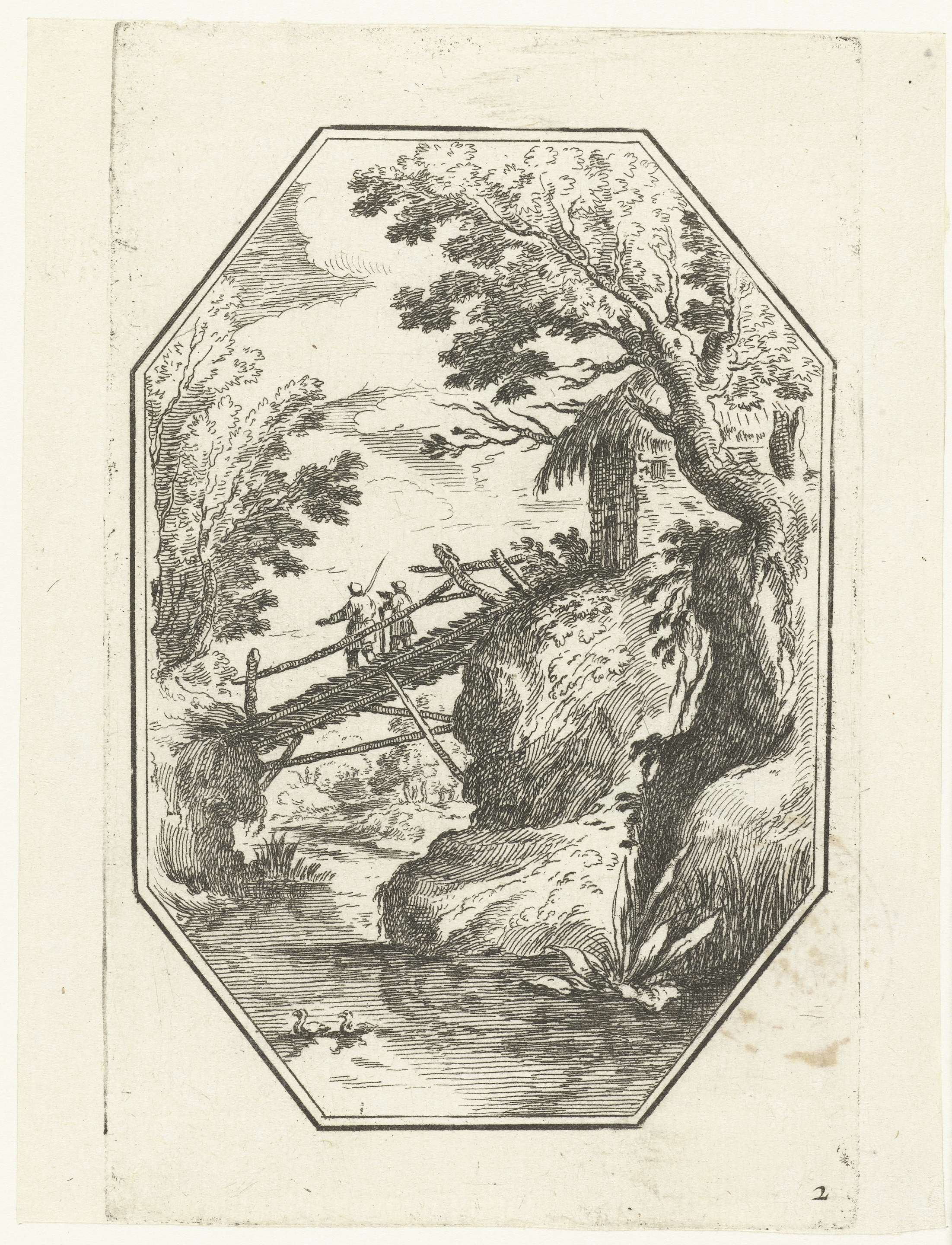 Landscape etching by Unknown Artist featuring a wooden bridge over a stream.